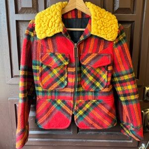 70s Sears JR Bazaar Plaid Red Wool Zip Jacket with Yellow Sherpa Collar